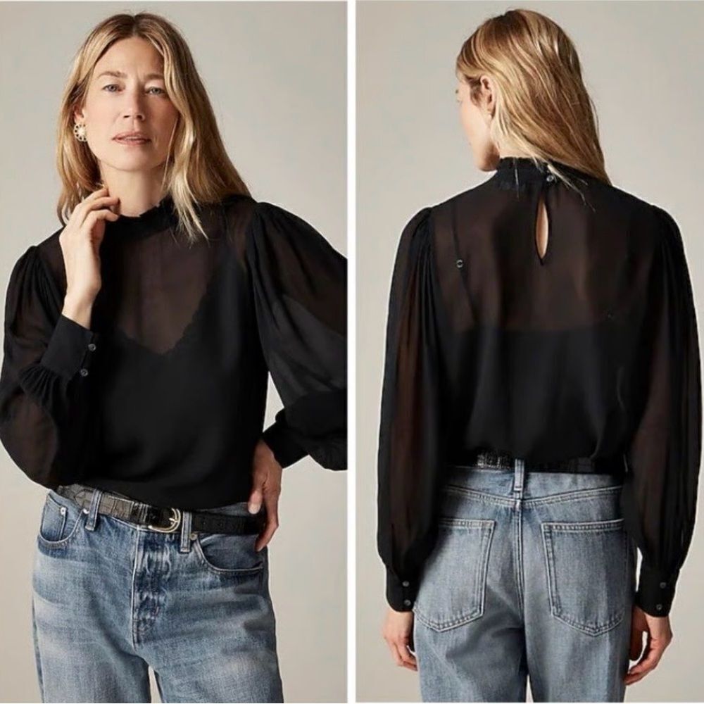 J Crew Top Chiffon Ruffleneck Women’s Black Long Sleeve Lined Sz XS NWT